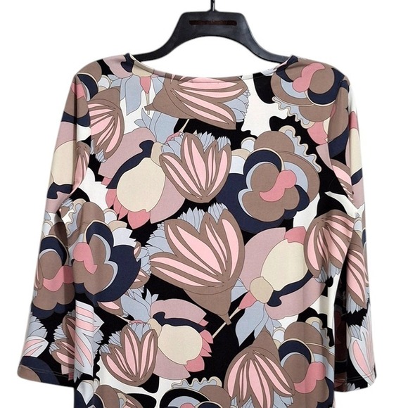 Susan Graver Top Women S Beige Blue Keyhole Neck 3/4 Sleeve Liquid Knit Tunic - Picture 6 of 13